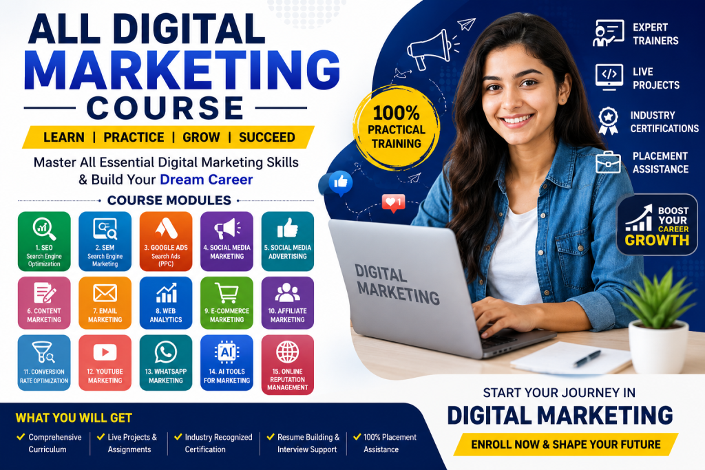 Comprehensive digital marketing course banner featuring SEO, SEM, Google Ads, Social Media Marketing, Content Marketing, Email Marketing, Analytics, AI Tools, certifications, and placement assistance.